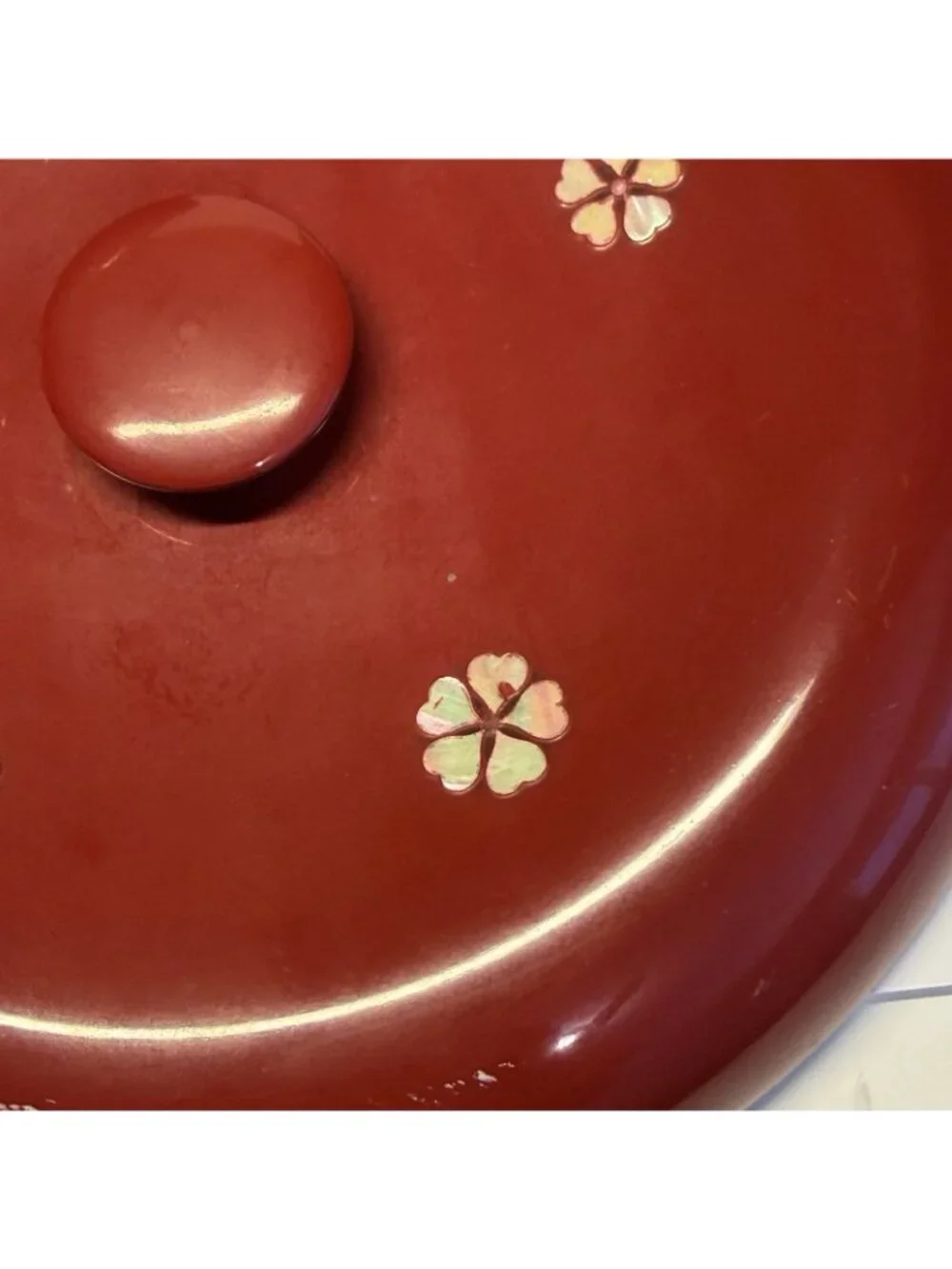 Japanese Wood Red Lacquer Ohitsu Rice Serving Bowl Mother of Pearl Inlay
